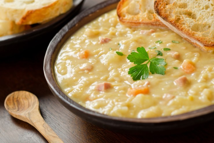 split pea soup is quite cheap to make, so you can cook a large batch at one go.